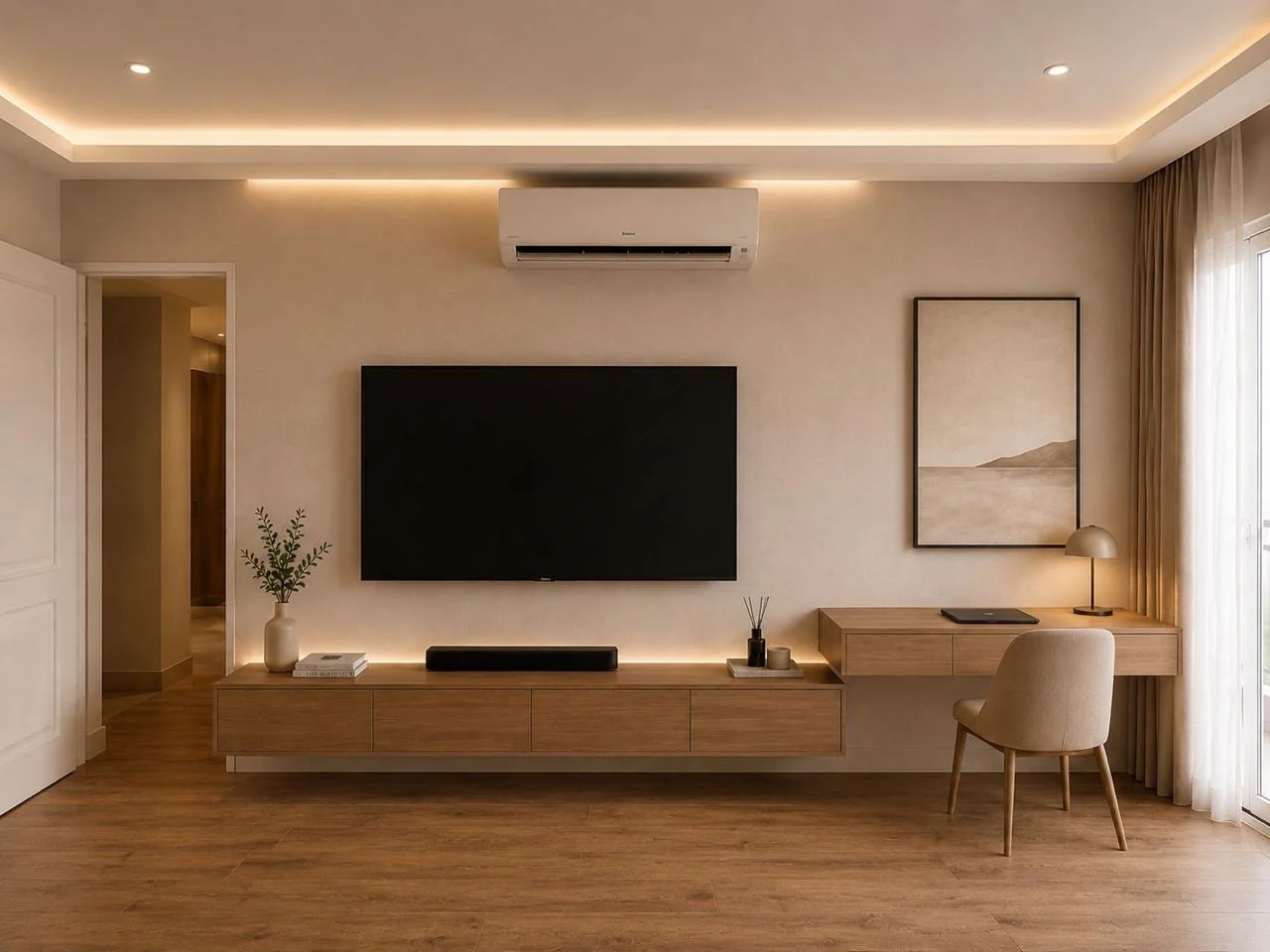 Living room media wall & study desk — Spacenez apartment design sample