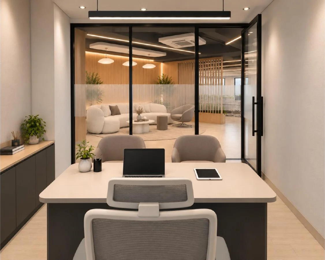 Finance cabin — lounge connection — approved Spacenez office design visualisation