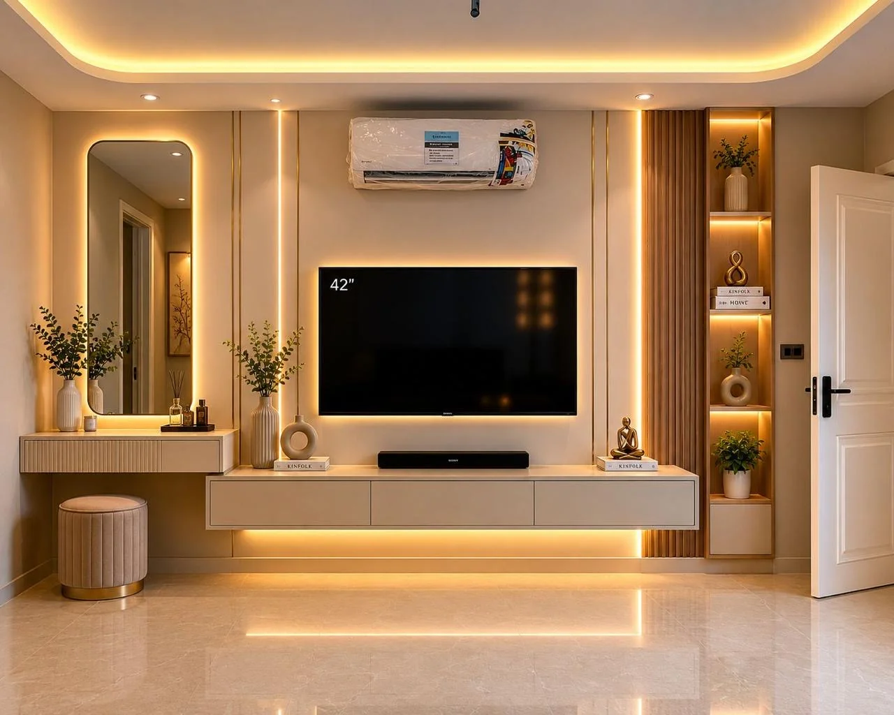 Living room media wall & vanity corner — Spacenez apartment design sample