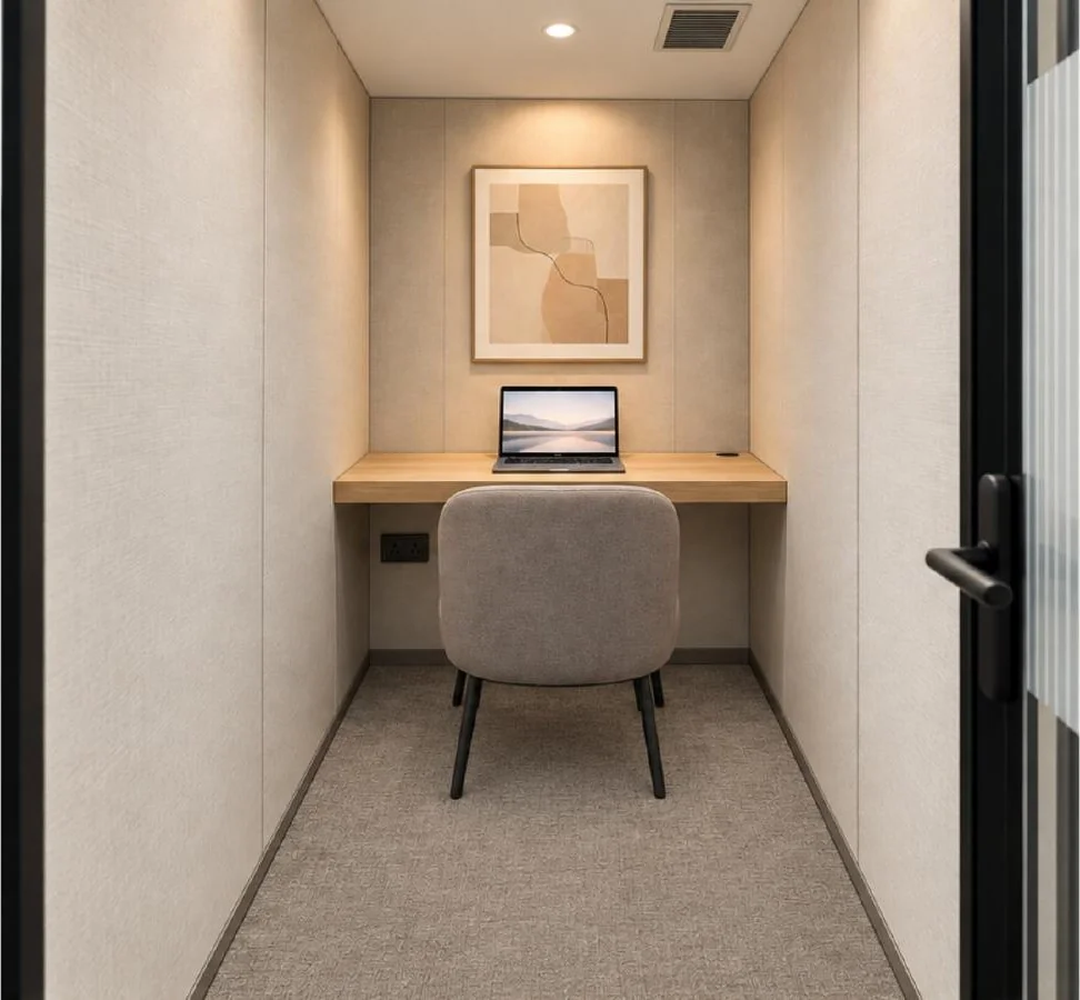 Inside a calling pod — approved Spacenez office design visualisation