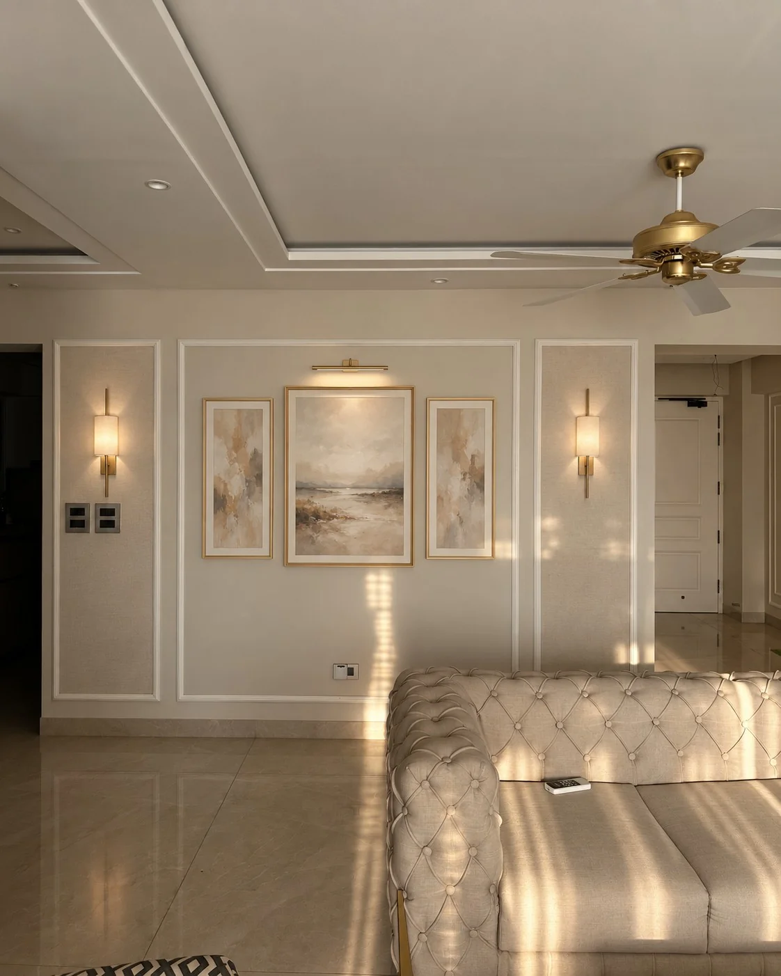 Opposite wall — triptych artwork — Spacenez apartment design sample