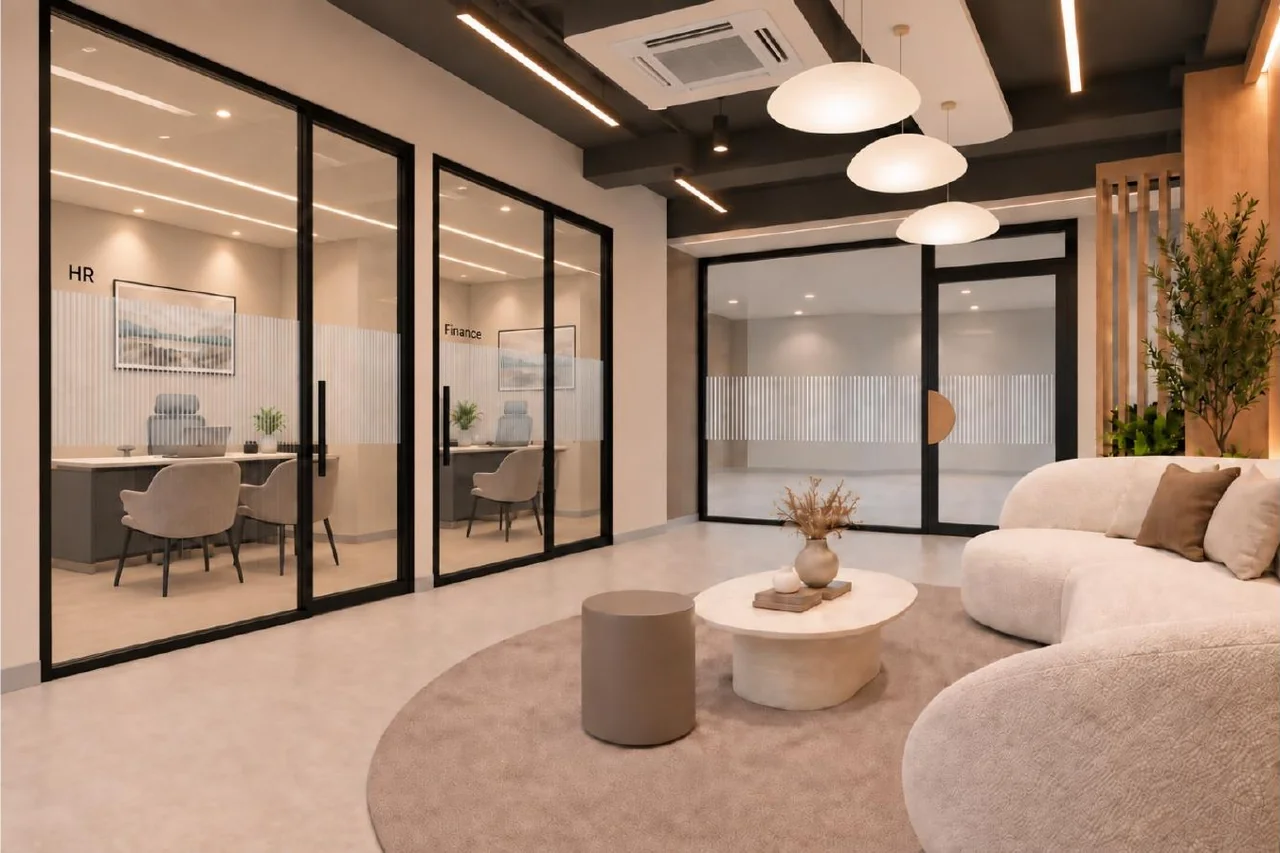 Lounge & glazed cabins — approved Spacenez office design visualisation